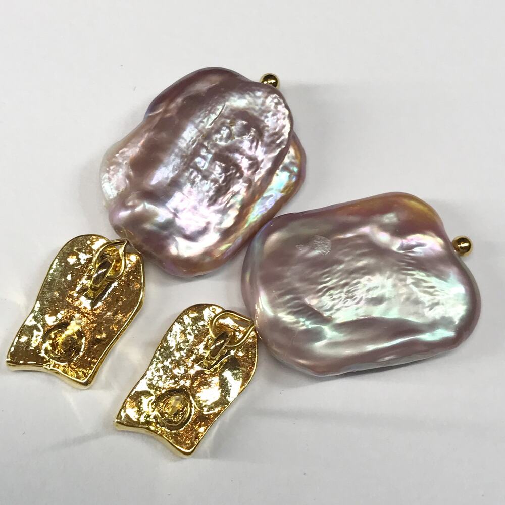 Gold Plated 925 Sterling Silver Lavender Square Coin Baroque Pearl Drop Earrings - Picture 11 of 11